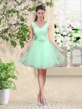  Apple Green Tulle Lace Up Dama Dress Sleeveless Knee Length Lace and Belt