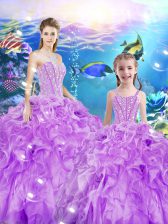 Sophisticated Lilac Ball Gowns Beading and Ruffles Quinceanera Gown Lace Up Organza Sleeveless Floor Length