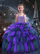 Trendy Eggplant Purple Lace Up Straps Beading and Ruffles Little Girls Pageant Dress Tulle Sleeveless