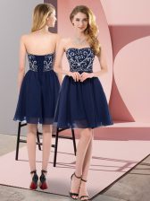Stunning Sleeveless Chiffon Mini Length Lace Up Homecoming Dress in Navy Blue with Beading