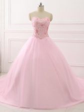 Dramatic Baby Pink Ball Gowns Sweetheart Sleeveless Tulle Brush Train Lace Up Beading Sweet 16 Dress