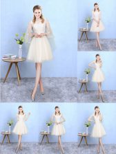 Great Knee Length Champagne Court Dresses for Sweet 16 V-neck Cap Sleeves Lace Up