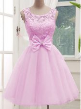 Captivating Lilac A-line Tulle Scoop Sleeveless Lace and Bowknot Knee Length Lace Up Quinceanera Court of Honor Dress