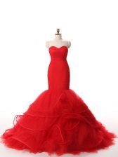  Red Zipper Sweetheart Ruffles Prom Gown Tulle Sleeveless Brush Train