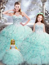 New Style Aqua Blue Ball Gowns Organza Sweetheart Sleeveless Beading and Ruffles Floor Length Lace Up Vestidos de Quinceanera