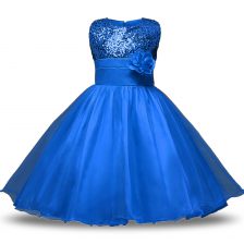 Beautiful Organza and Sequined Scoop Sleeveless Zipper Bowknot and Belt and Hand Made Flower Flower Girl Dress in Blue