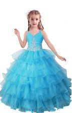 Pretty Baby Blue V-neck Neckline Beading and Ruffled Layers Pageant Gowns For Girls Sleeveless Zipper