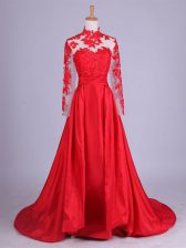 Fancy Red Long Sleeves Brush Train Lace and Appliques Dress for Prom