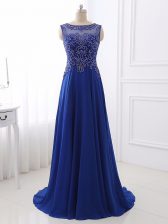  Royal Blue Prom Party Dress Prom and Party with Beading Bateau Sleeveless Sweep Train Side Zipper