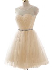 Simple Champagne Sleeveless Floor Length Beading and Ruching Lace Up Prom Evening Gown