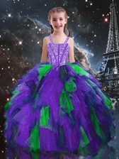  Eggplant Purple Tulle Lace Up Little Girl Pageant Gowns Sleeveless Floor Length Beading and Ruffles