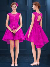 Modern High Low Fuchsia Quinceanera Court Dresses Scoop Sleeveless Lace Up
