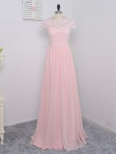 Custom Designed Chiffon Short Sleeves Floor Length Court Dresses for Sweet 16 and Lace