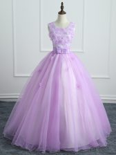 Extravagant Lavender Ball Gowns Lace and Appliques and Bowknot Sweet 16 Dresses Lace Up Organza Sleeveless Floor Length