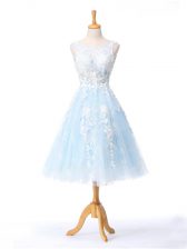 Glittering Light Blue Sleeveless Tulle Backless Damas Dress for Prom and Party and Wedding Party