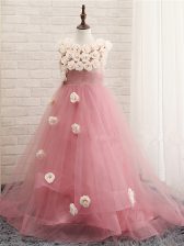 New Style Pink Scoop Neckline Hand Made Flower Pageant Gowns For Girls Sleeveless Zipper