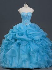  Sleeveless Organza Floor Length Lace Up 15th Birthday Dress in Baby Blue with Beading and Ruffles and Pick Ups