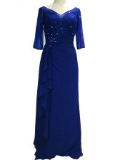 Royal Blue Column/Sheath V-neck Sleeveless Chiffon Floor Length Zipper Beading Prom Gown