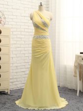 Fabulous Chiffon One Shoulder Sleeveless Brush Train Zipper Beading and Ruching Dress for Prom in Yellow