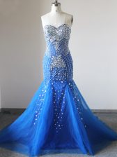  Brush Train Mermaid Prom Evening Gown Royal Blue Sweetheart Tulle Sleeveless Zipper