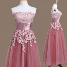  Pink Lace Up Dama Dress Appliques Sleeveless Tea Length