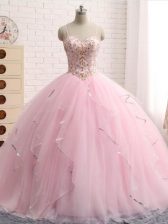  Baby Pink Ball Gowns Beading and Ruffles Ball Gown Prom Dress Lace Up Tulle Sleeveless