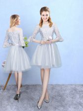 Inexpensive Silver Empire Lace Quinceanera Court Dresses Lace Up Tulle Half Sleeves With Train