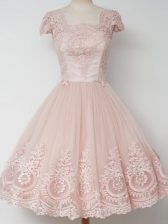 Top Selling Peach Tulle Zipper Quinceanera Court of Honor Dress Cap Sleeves Knee Length Lace