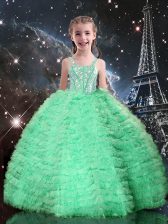  Straps Sleeveless Kids Formal Wear Floor Length Beading and Ruffled Layers Apple Green Tulle