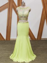  Floor Length Two Pieces Sleeveless Yellow Green Prom Dresses Zipper