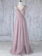 Affordable V-neck Sleeveless Quinceanera Court of Honor Dress Floor Length Appliques Lavender Tulle