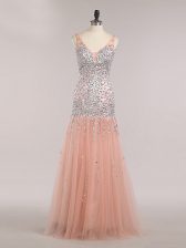 Beauteous Peach Zipper V-neck Beading and Sequins Evening Dress Tulle Sleeveless