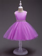 New Arrival Lilac Sleeveless Knee Length Beading Zipper Little Girl Pageant Gowns