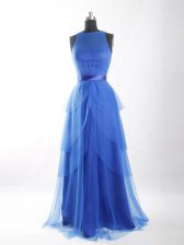  Floor Length Zipper Prom Party Dress Blue for Prom and Military Ball with Beading and Ruffled Layers and Belt