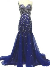  Sleeveless Tulle Brush Train Zipper Homecoming Dress in Royal Blue with Beading