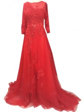 Free and Easy Long Sleeves Tulle Brush Train Zipper Dress for Prom in Red with Lace and Appliques and Belt