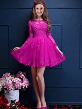 Deluxe Fuchsia 3 4 Length Sleeve Mini Length Beading and Lace and Appliques Lace Up Quinceanera Court of Honor Dress