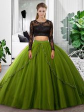  Olive Green Long Sleeves Tulle Backless Ball Gown Prom Dress for Military Ball and Sweet 16 and Quinceanera