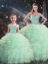  Apple Green Organza Lace Up Quince Ball Gowns Sleeveless Floor Length Beading and Ruffles