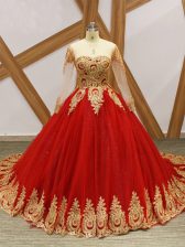  Wine Red Ball Gowns Beading and Appliques Quinceanera Dress Lace Up Tulle Long Sleeves