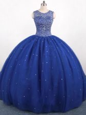  Floor Length Royal Blue Quinceanera Dress Scoop Sleeveless Zipper