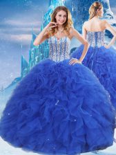 Discount Floor Length Royal Blue Vestidos de Quinceanera Organza Sleeveless Beading and Ruffles and Sequins