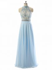  Floor Length Light Blue Prom Gown Halter Top Sleeveless Backless