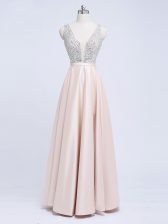 Free and Easy Beading and Belt Homecoming Dress Champagne Backless Sleeveless Floor Length
