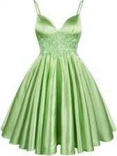  Green Elastic Woven Satin Lace Up Spaghetti Straps Sleeveless Knee Length Dama Dress Lace