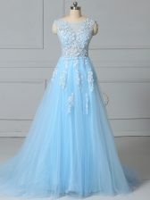  Brush Train Empire Dress for Prom Baby Blue Scoop Tulle Sleeveless Lace Up