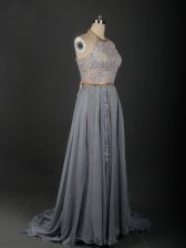 Extravagant Grey Sleeveless Beading and Appliques Lace Up Evening Dress