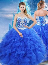 Modest Blue Sleeveless Beading and Ruffles Floor Length Quinceanera Dress