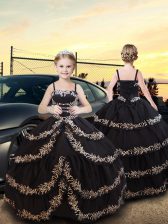 On Sale Sleeveless Floor Length Embroidery and Ruffled Layers Lace Up Little Girls Pageant Dress with Black