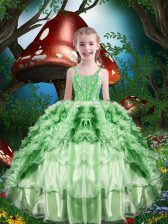 Beautiful Organza Sleeveless Floor Length Little Girl Pageant Dress and Beading and Ruffles and Ruffled Layers